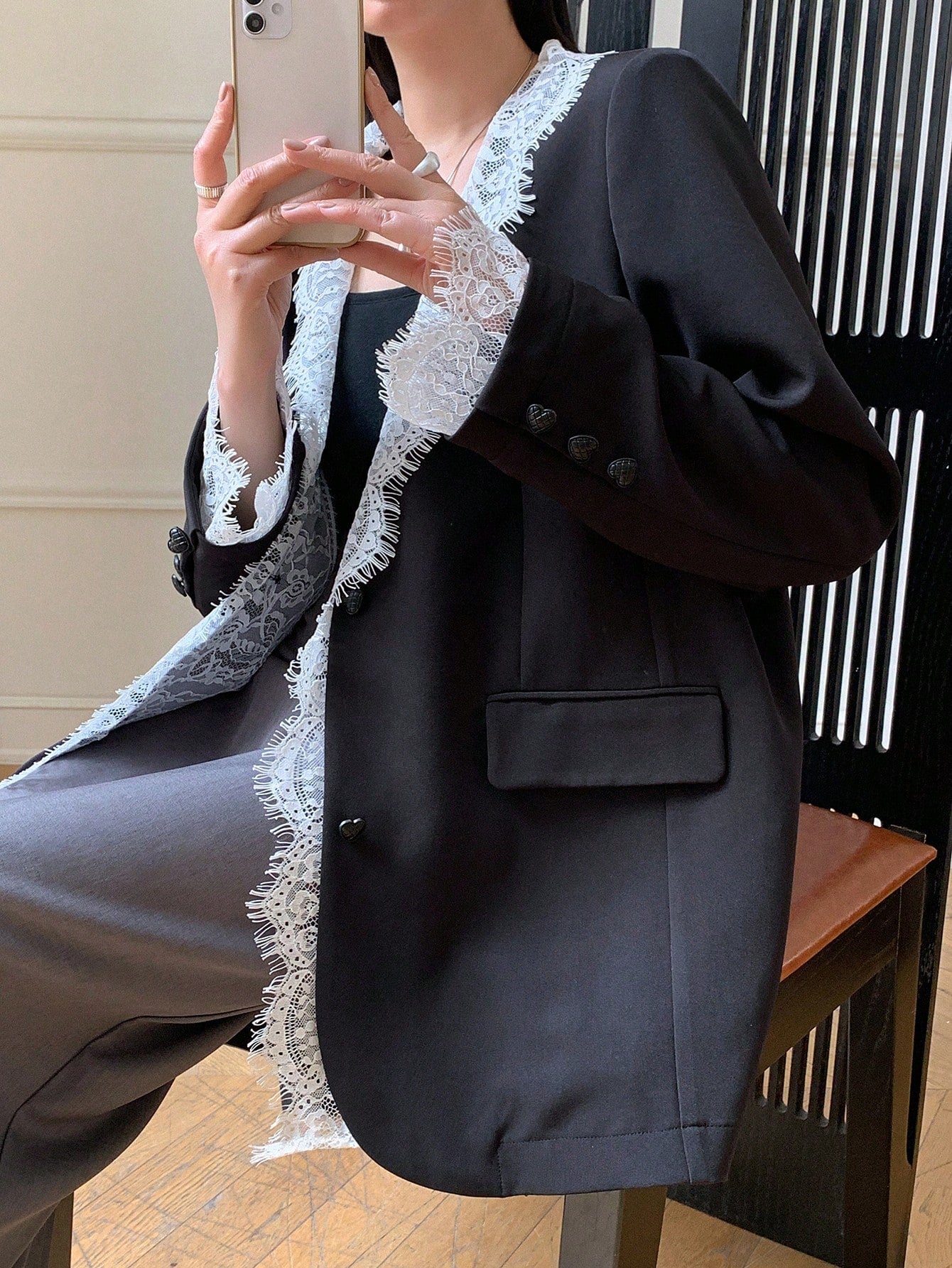 CM-CS817313 Women E;legant Seoul Style Lace Patchwork Shawl Collar Long Sleeve Loose Blazer - Black