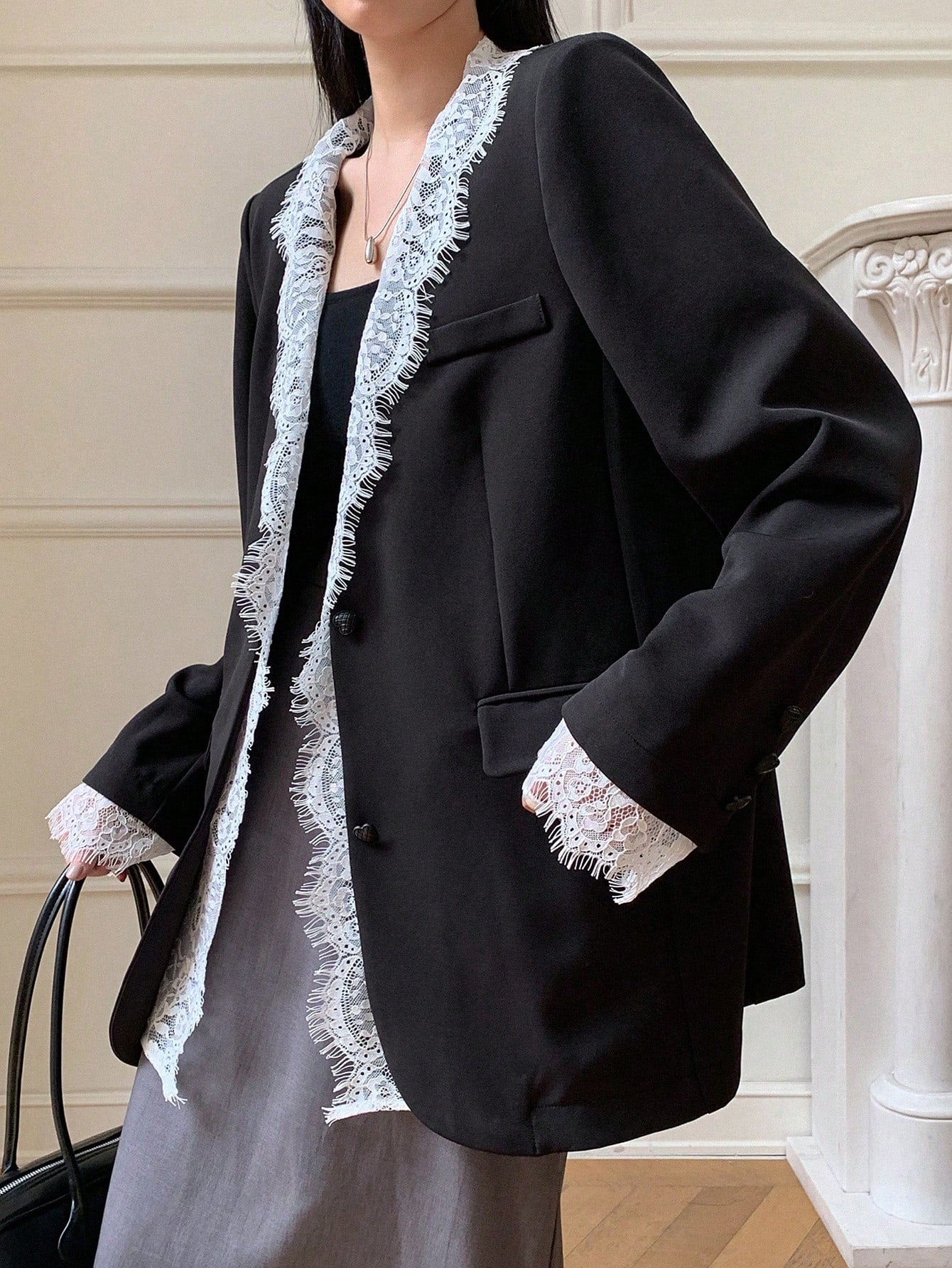 CM-CS817313 Women E;legant Seoul Style Lace Patchwork Shawl Collar Long Sleeve Loose Blazer - Black