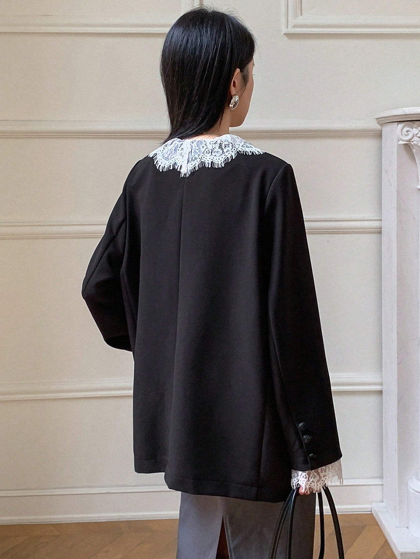 CM-CS817313 Women E;legant Seoul Style Lace Patchwork Shawl Collar Long Sleeve Loose Blazer - Black
