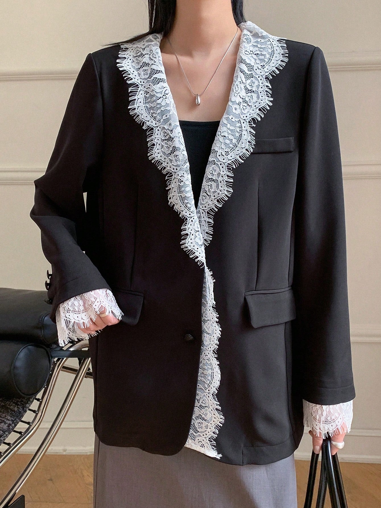 CM-CS817313 Women E;legant Seoul Style Lace Patchwork Shawl Collar Long Sleeve Loose Blazer - Black