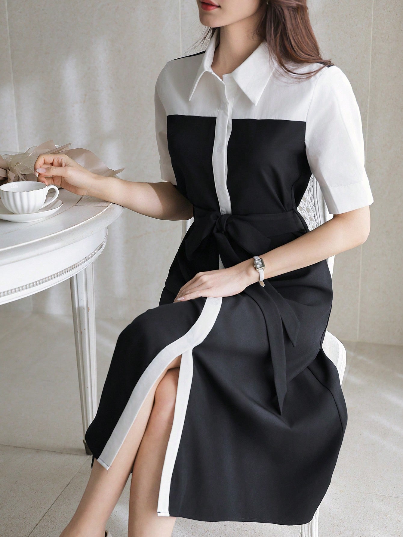 CM-DS912669 Women Casual Seoul Style Color Block Waist Belt Puff Sleeve Mid-Length Dress