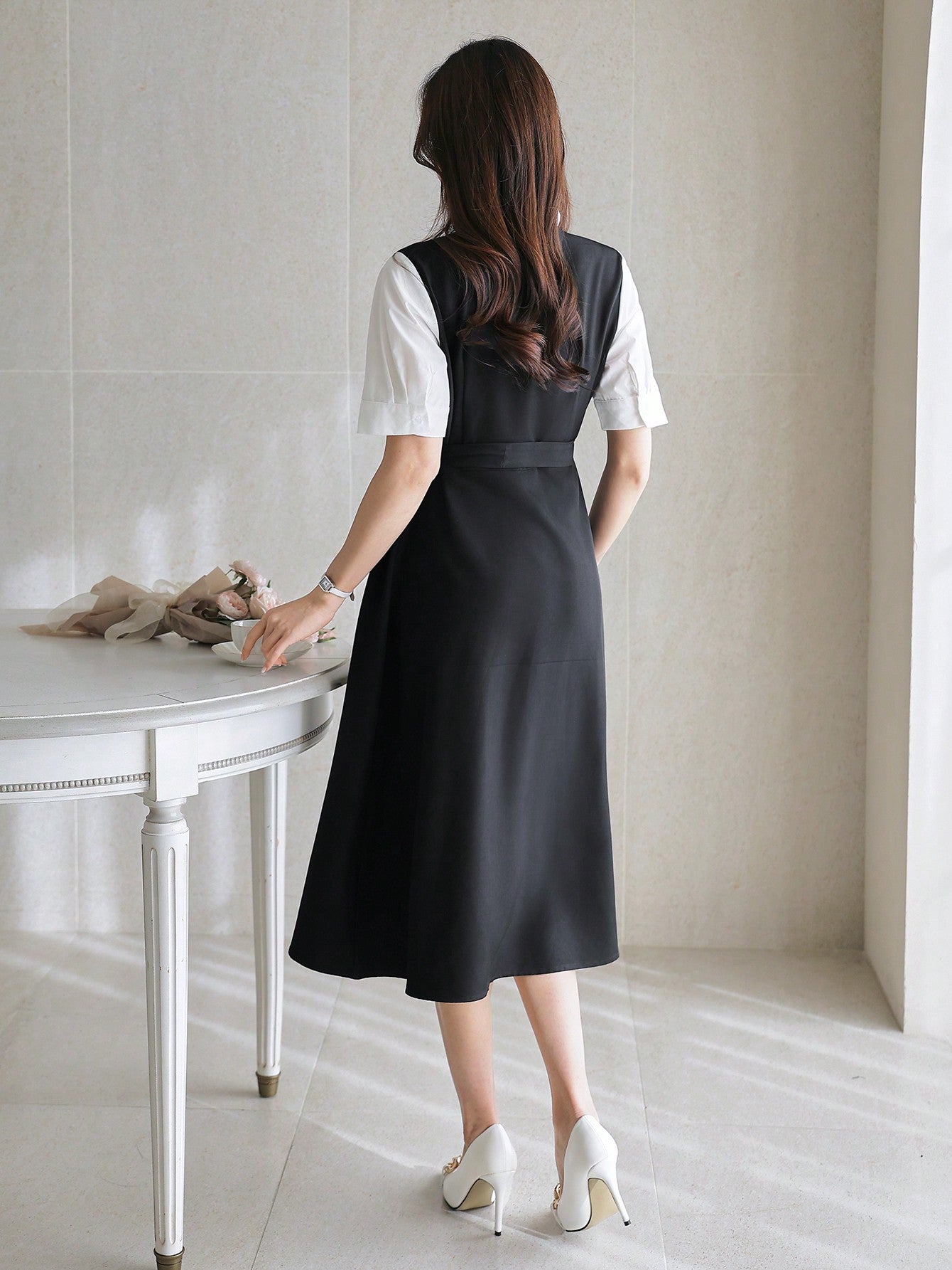 CM-DS912669 Women Casual Seoul Style Color Block Waist Belt Puff Sleeve Mid-Length Dress