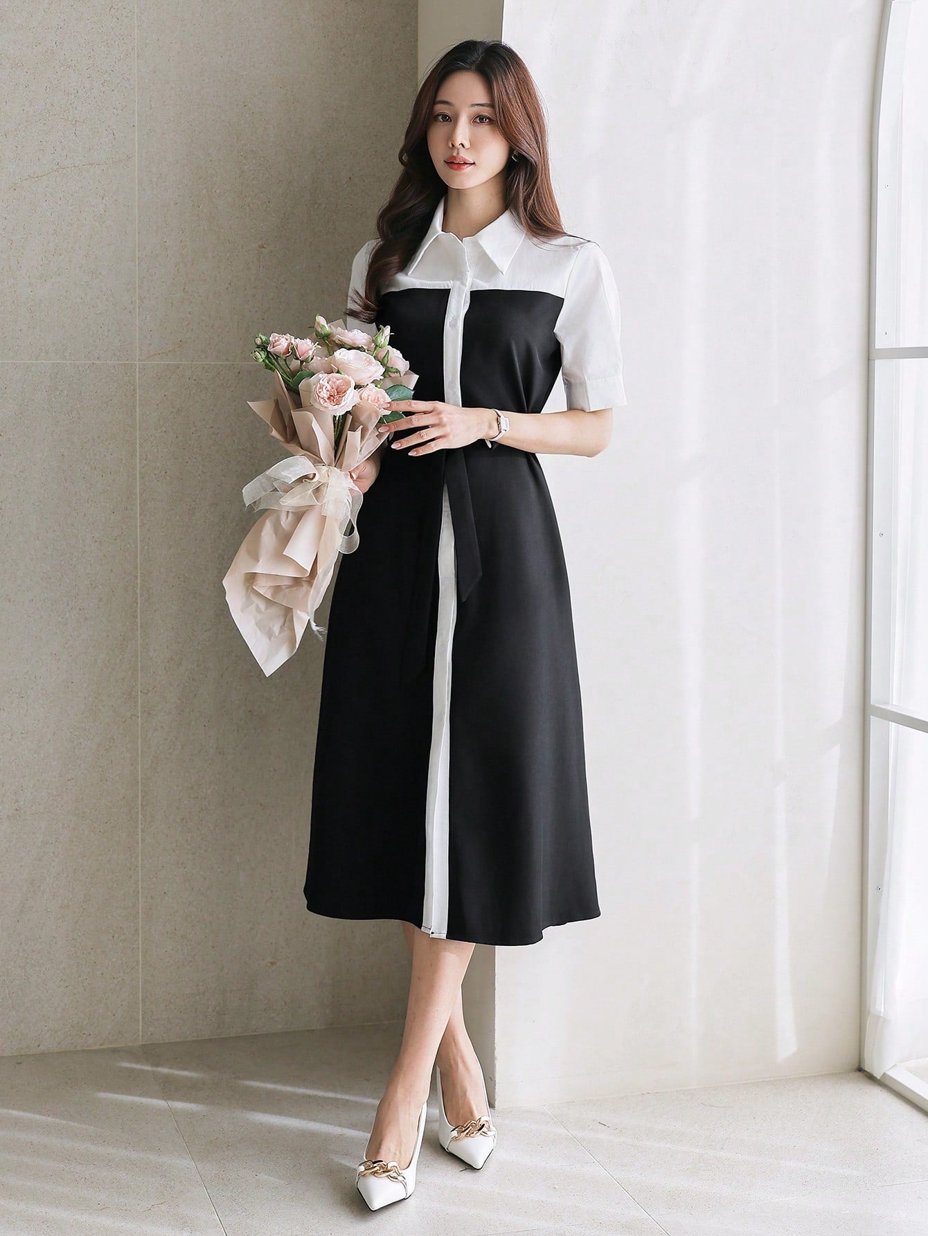 CM-DS912669 Women Casual Seoul Style Color Block Waist Belt Puff Sleeve Mid-Length Dress