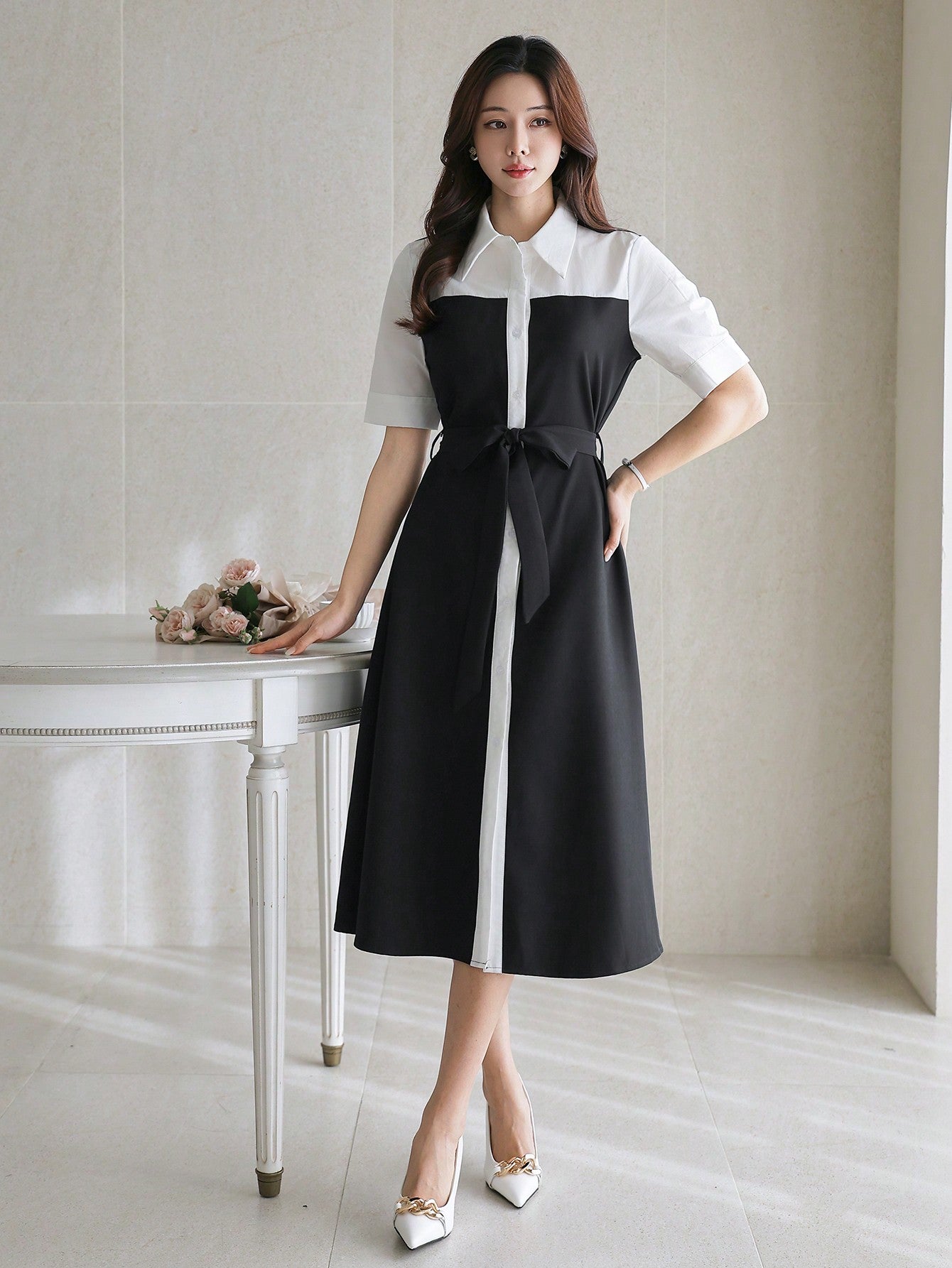 CM-DS912669 Women Casual Seoul Style Color Block Waist Belt Puff Sleeve Mid-Length Dress