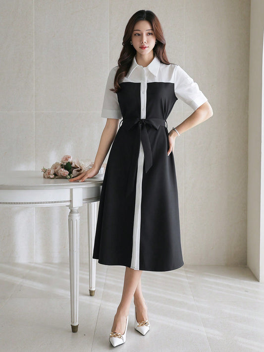 CM-DS912669 Women Casual Seoul Style Color Block Waist Belt Puff Sleeve Mid-Length Dress
