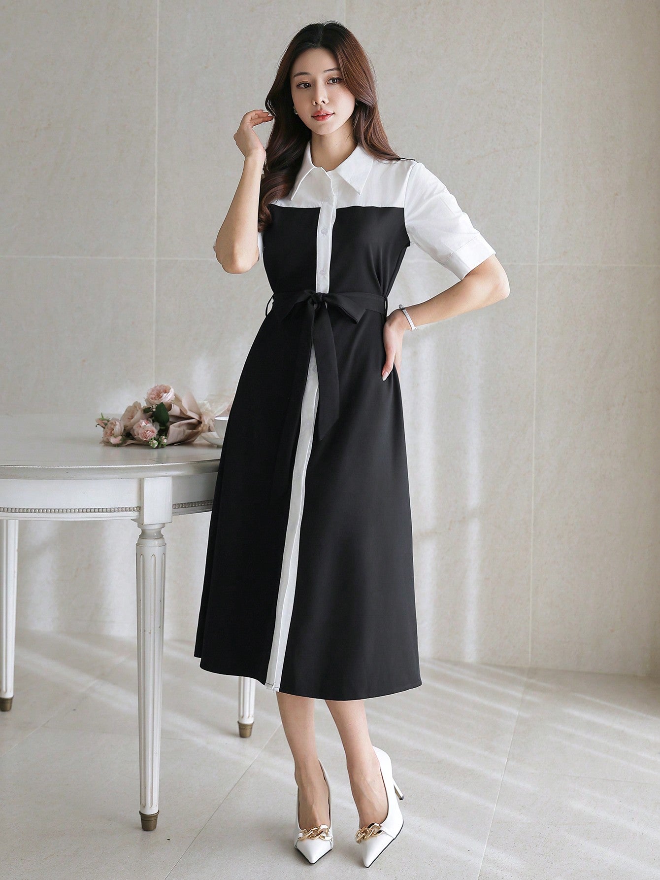 CM-DS912669 Women Casual Seoul Style Color Block Waist Belt Puff Sleeve Mid-Length Dress