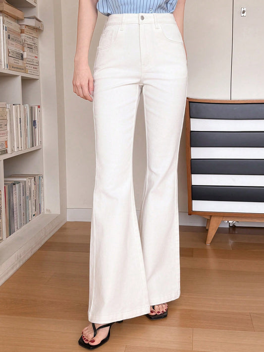 CM-BS151634 Women Casual Seoul Style Mid Waist Solid Color Bootcut Flare Leg Jeans - White