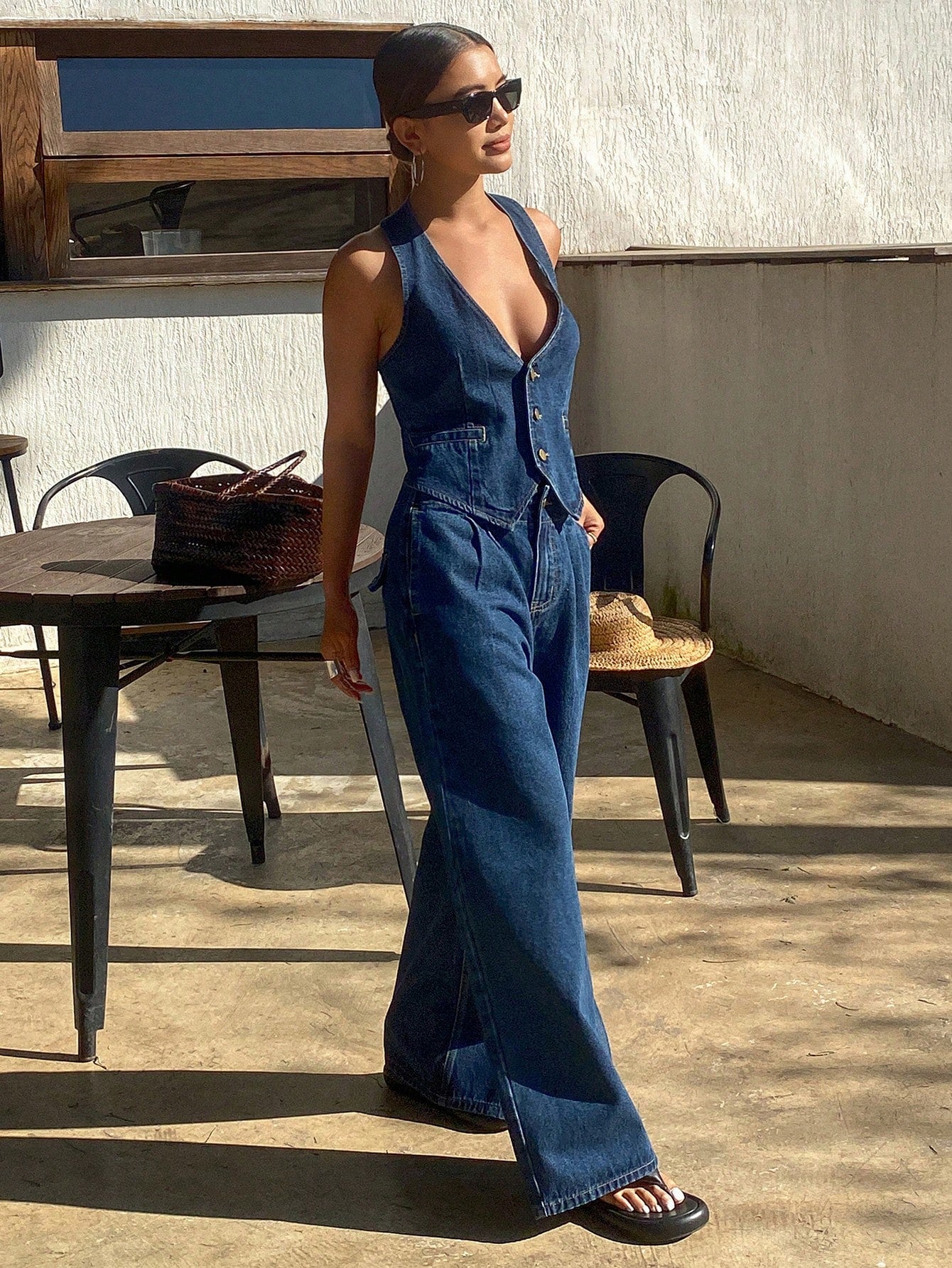 CM-SS689588 Women Casual Seoul Style Front Buttons Sleeveless Minimalist Vest With Denim Pants - Set