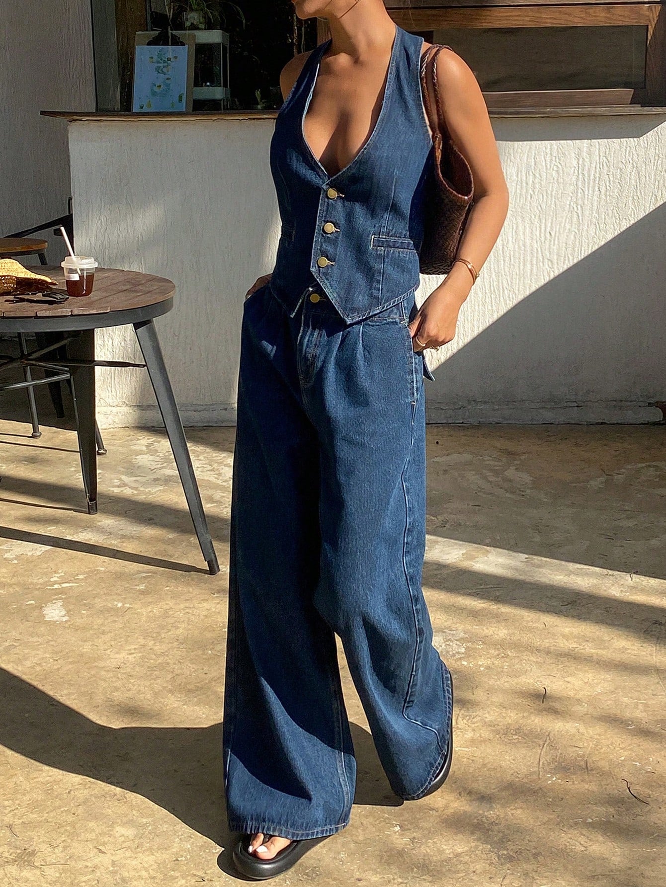 CM-SS689588 Women Casual Seoul Style Front Buttons Sleeveless Minimalist Vest With Denim Pants - Set