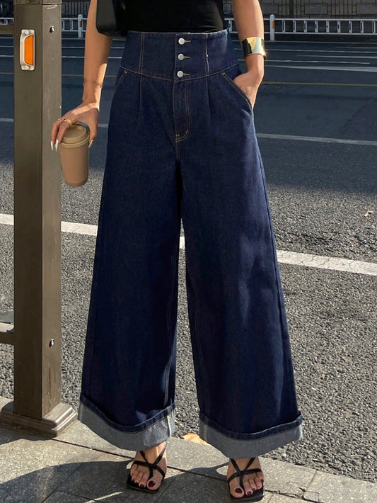 CM-BS745559 Women Casual Seoul Style Medium Wash High-Waist Button Design Straight Leg Jeans