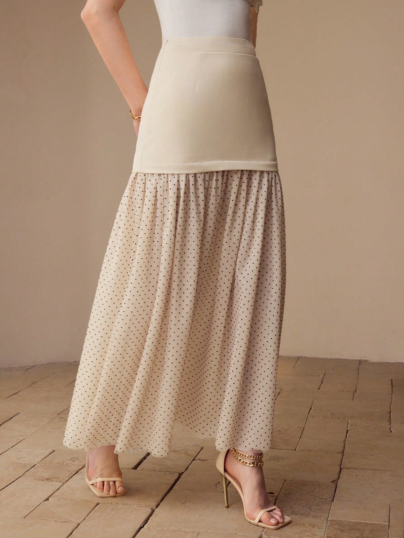 CM-BS593117 Women Elegant Seoul Style Contrast Polka Dot Flowy Maxi Skirt - Apricot