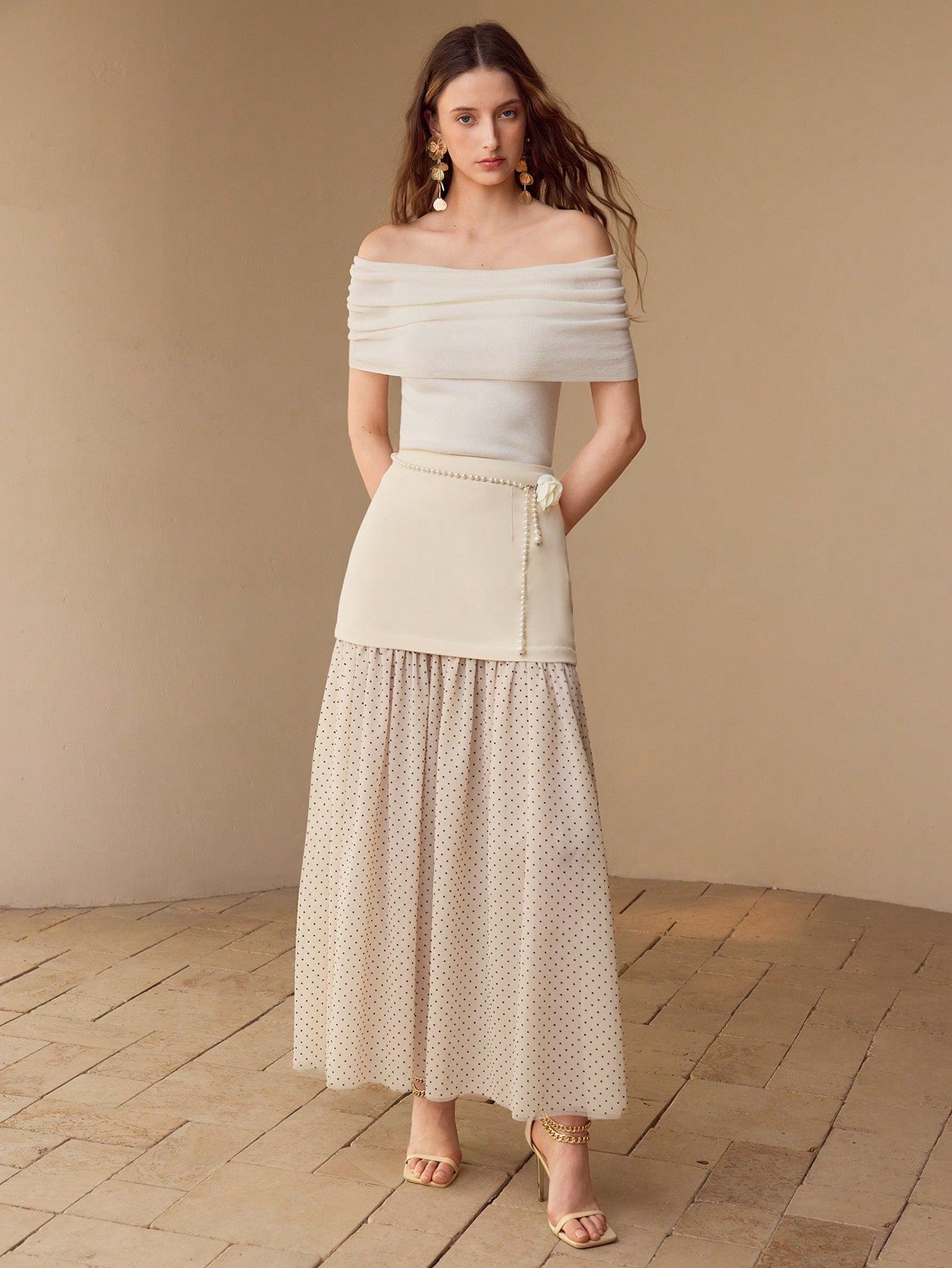 CM-BS593117 Women Elegant Seoul Style Contrast Polka Dot Flowy Maxi Skirt - Apricot