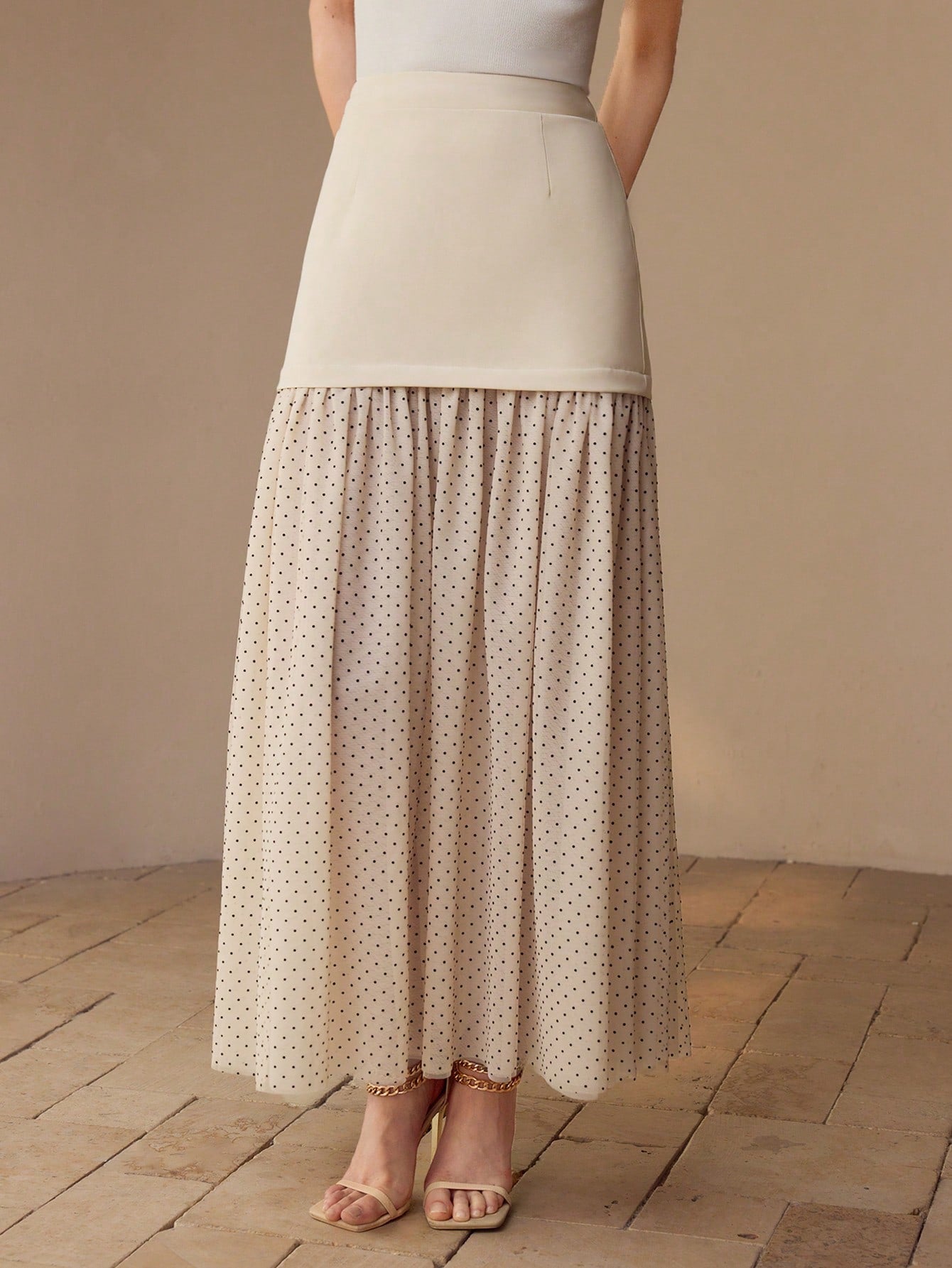 CM-BS593117 Women Elegant Seoul Style Contrast Polka Dot Flowy Maxi Skirt - Apricot