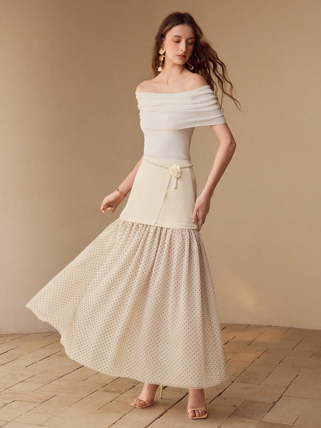 CM-BS593117 Women Elegant Seoul Style Contrast Polka Dot Flowy Maxi Skirt - Apricot