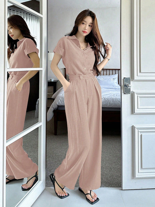 CM-SS555635 Women Casual Seoul Style Solid Color Collar Neckline Batwing Sleeve Blouse With Wide Leg Pants - Set