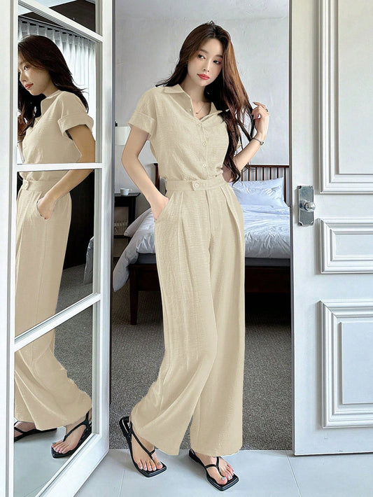 CM-SS532320 Women Casual Seoul Style Solid Color Collar Neckline Batwing Sleeve Blouse With Wide Leg Pants - Set