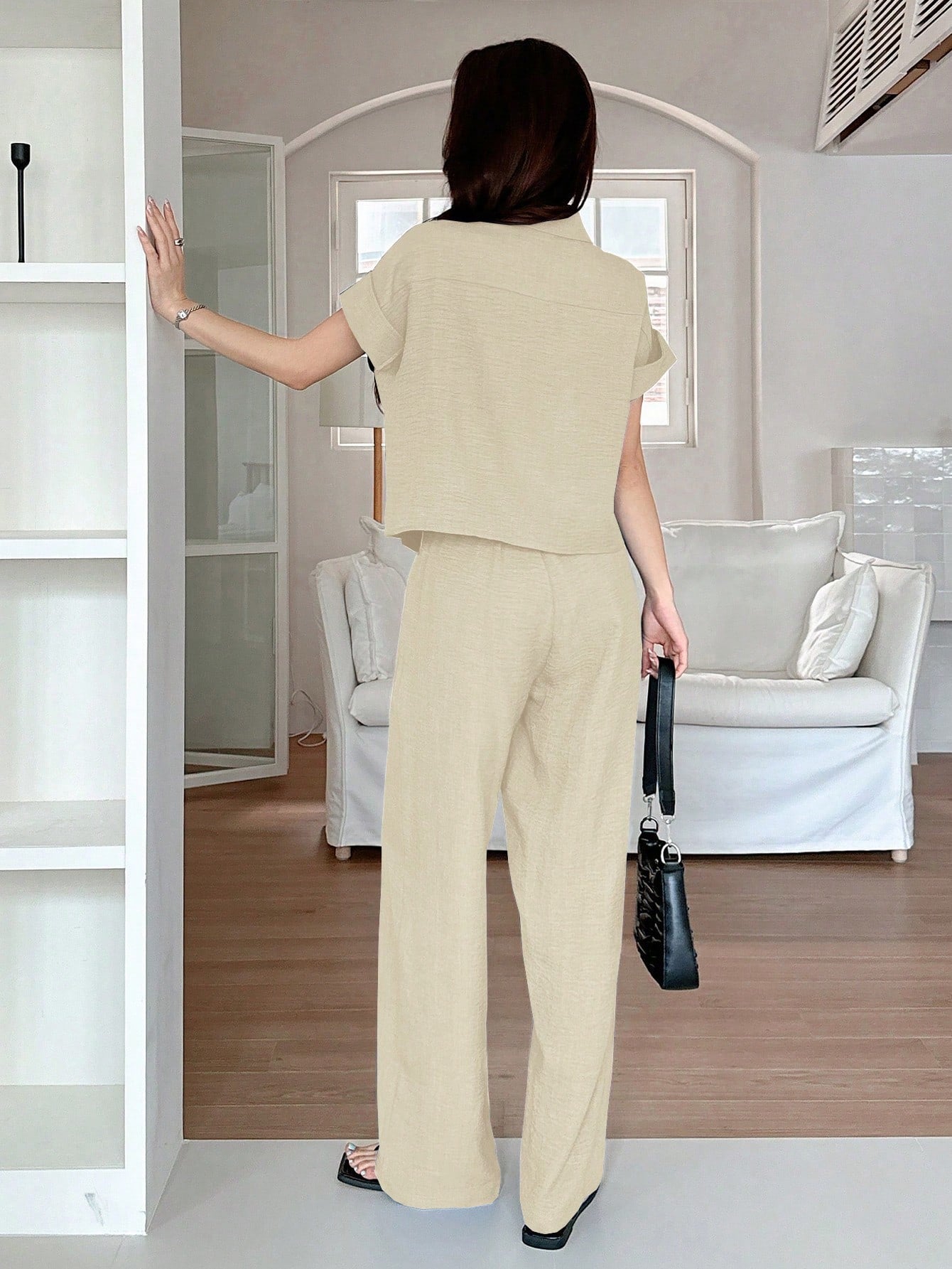 CM-SS532320 Women Casual Seoul Style Solid Color Collar Neckline Batwing Sleeve Blouse With Wide Leg Pants - Set