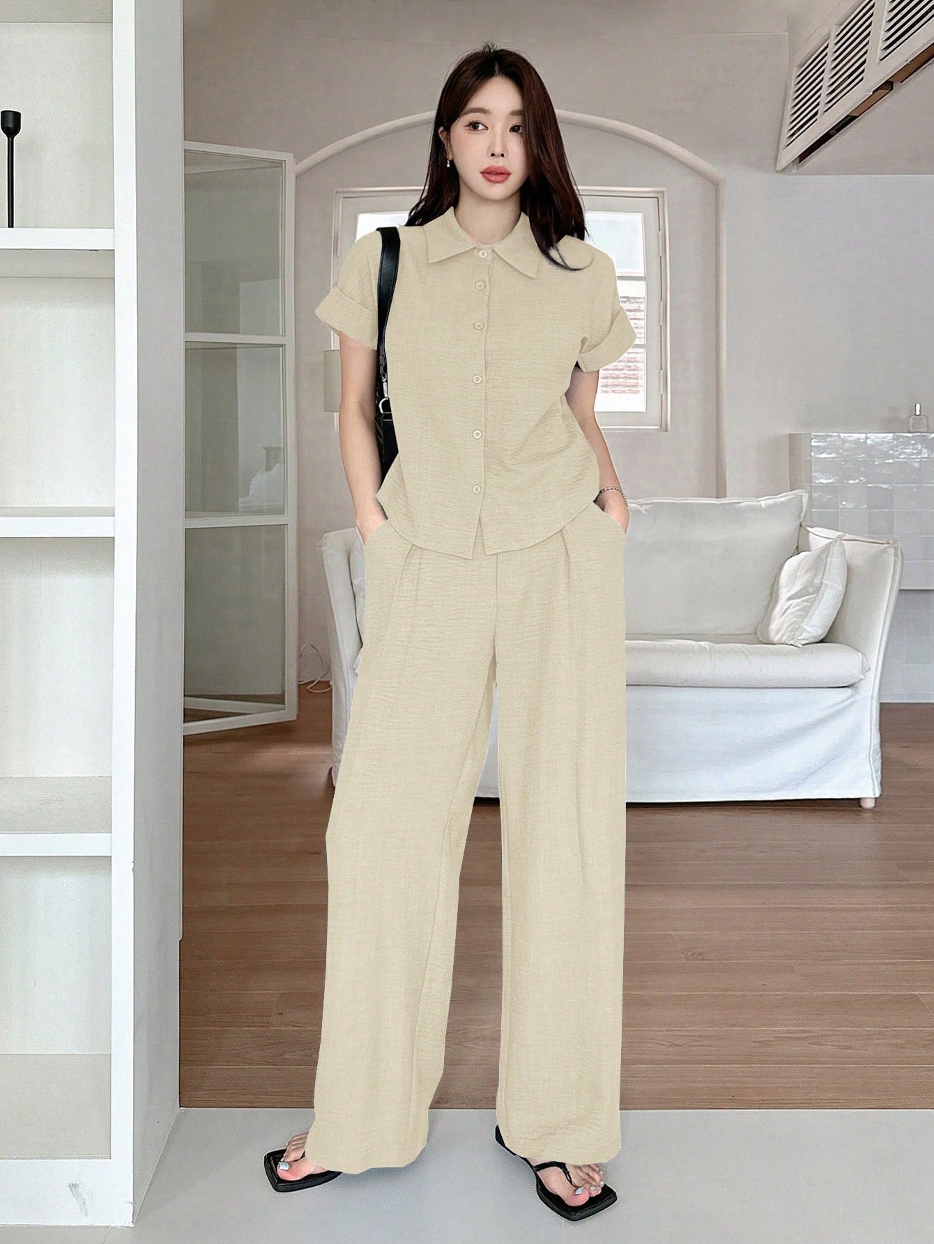 CM-SS532320 Women Casual Seoul Style Solid Color Collar Neckline Batwing Sleeve Blouse With Wide Leg Pants - Set