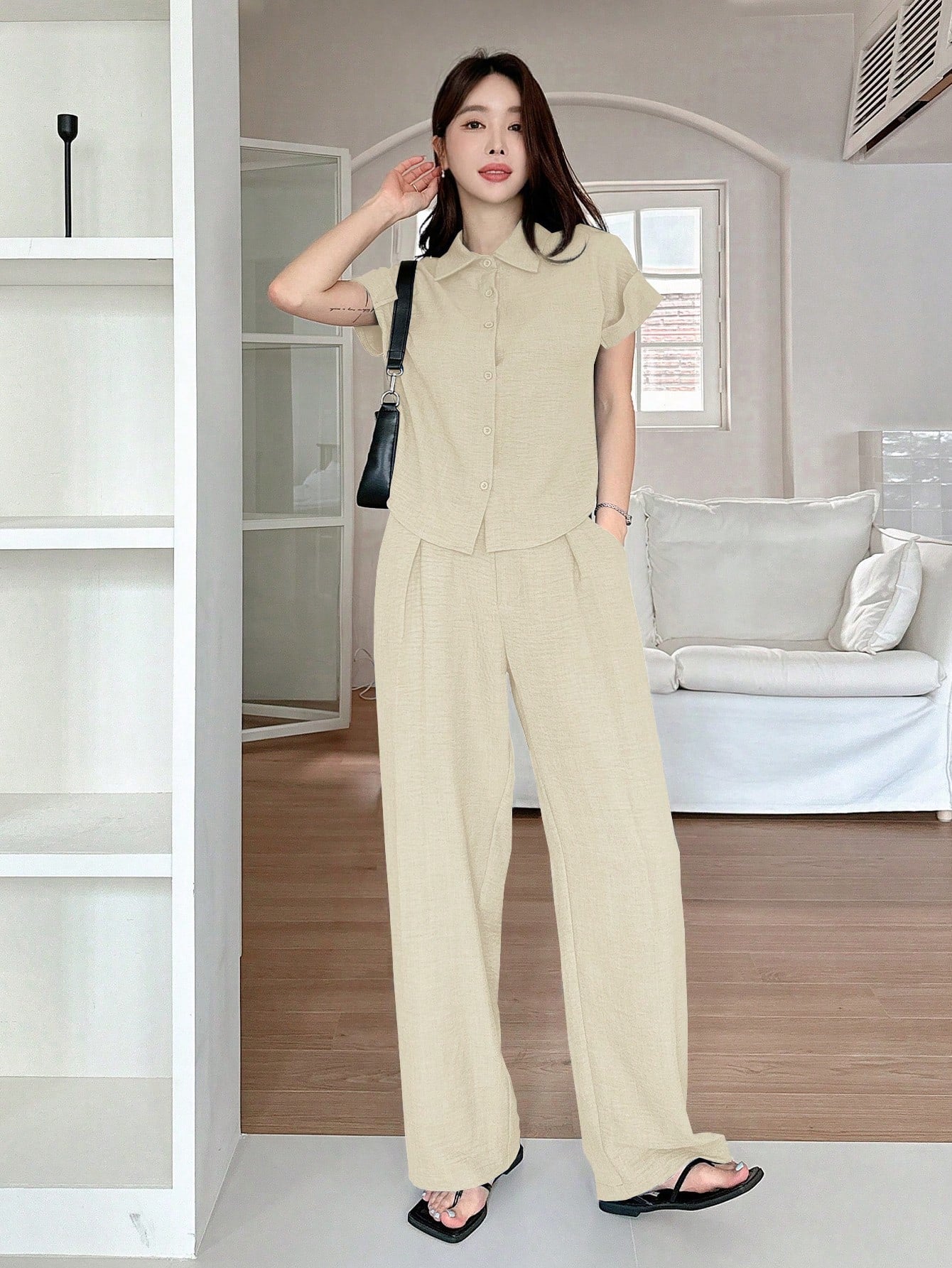 CM-SS532320 Women Casual Seoul Style Solid Color Collar Neckline Batwing Sleeve Blouse With Wide Leg Pants - Set