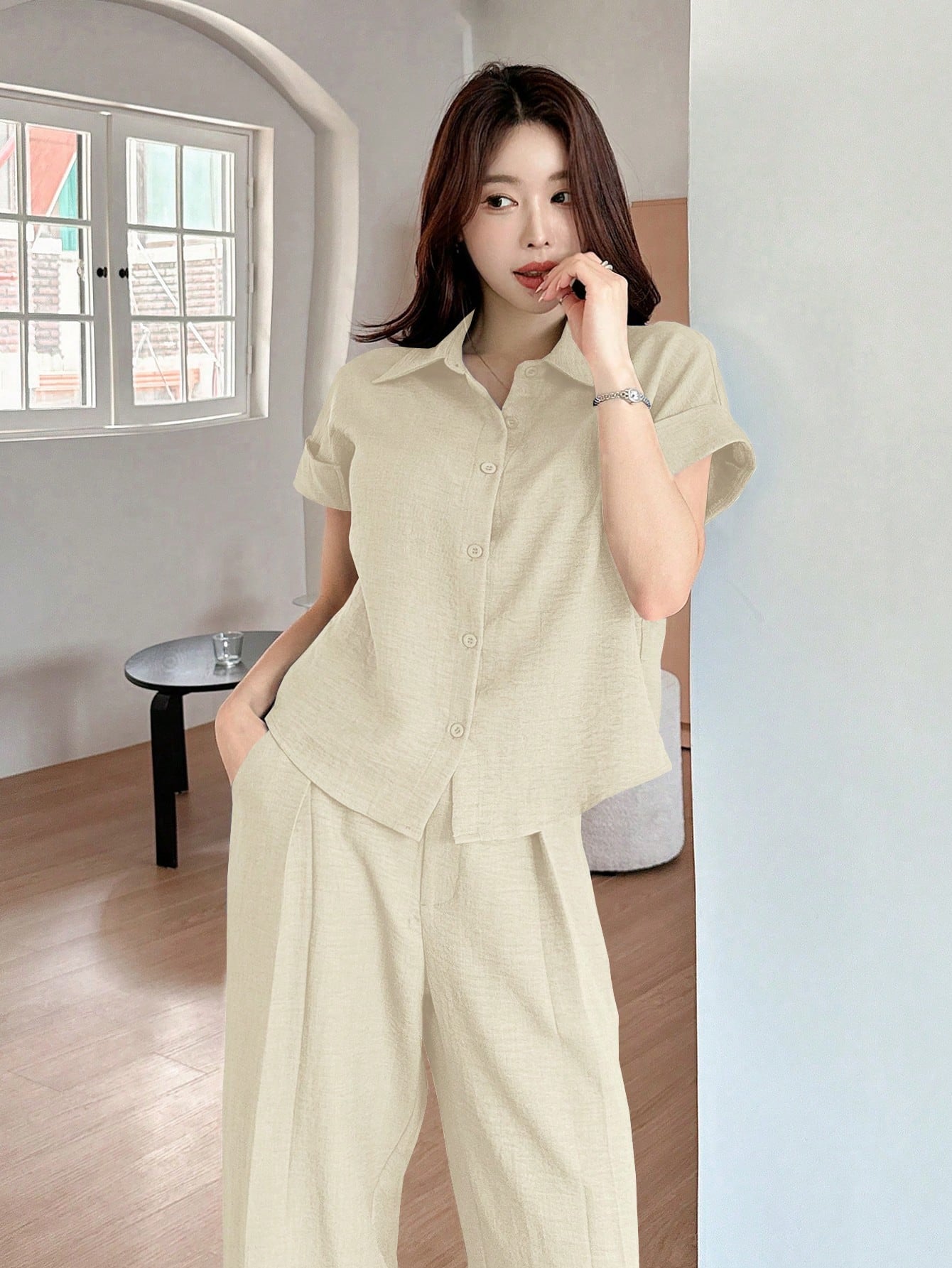 CM-SS532320 Women Casual Seoul Style Solid Color Collar Neckline Batwing Sleeve Blouse With Wide Leg Pants - Set