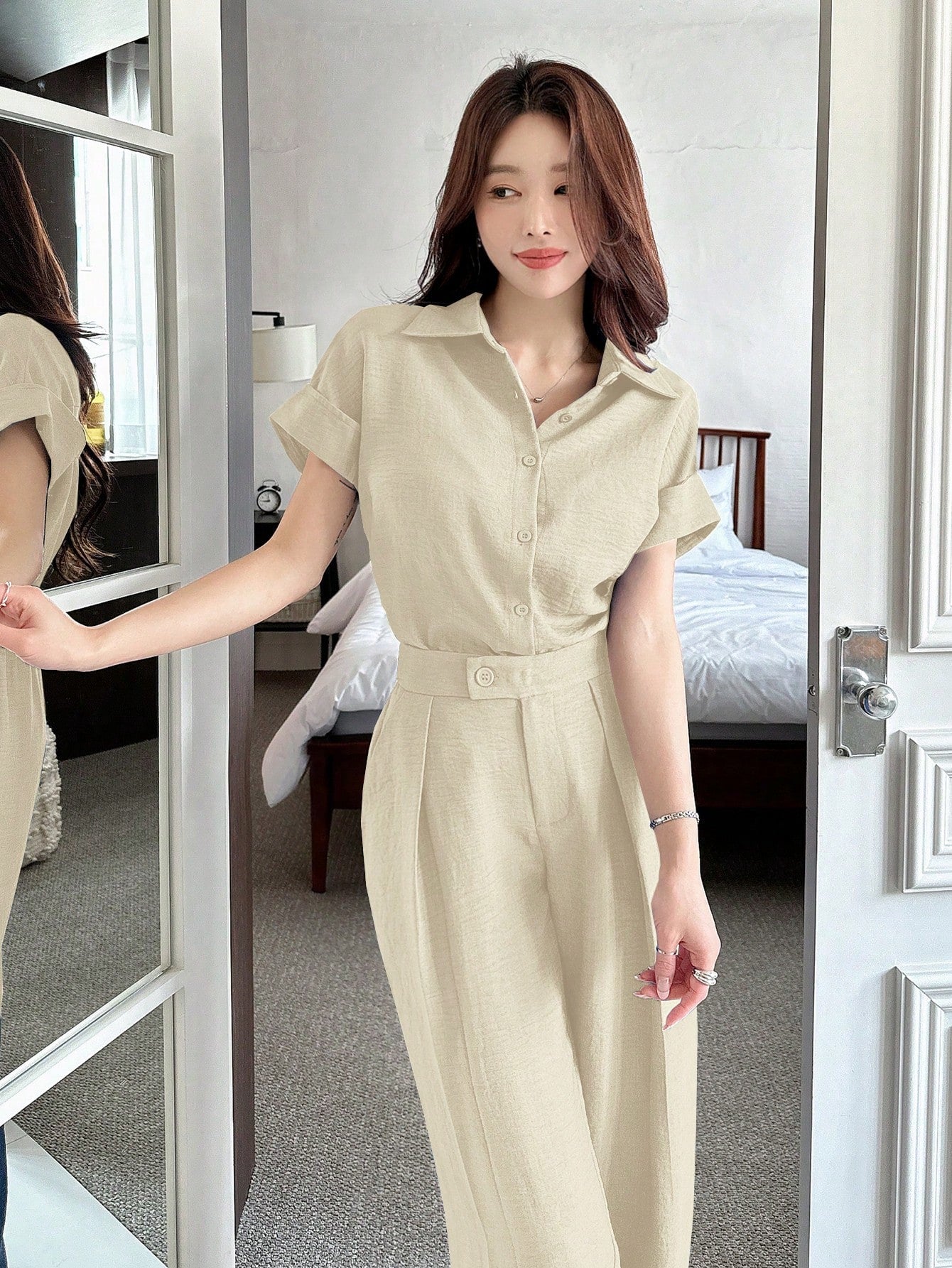 CM-SS532320 Women Casual Seoul Style Solid Color Collar Neckline Batwing Sleeve Blouse With Wide Leg Pants - Set