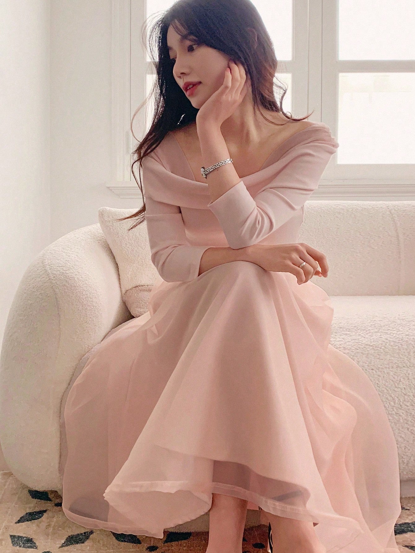 CM-DS828682 Women Elegant Seoul Style Off Shoulder Half Sleeve Mid-Length Flared Dress - Pink