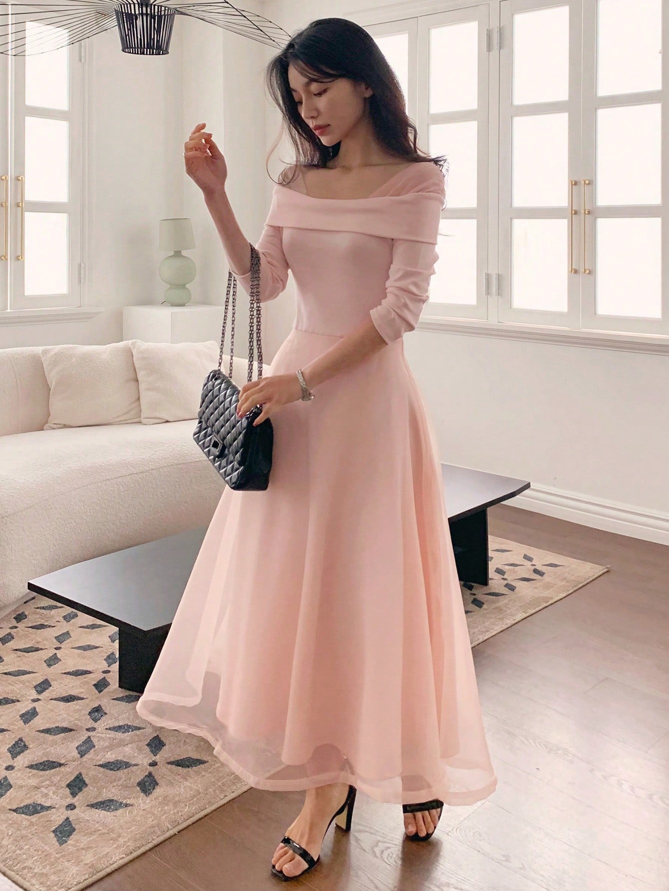 CM-DS828682 Women Elegant Seoul Style Off Shoulder Half Sleeve Mid-Length Flared Dress - Pink