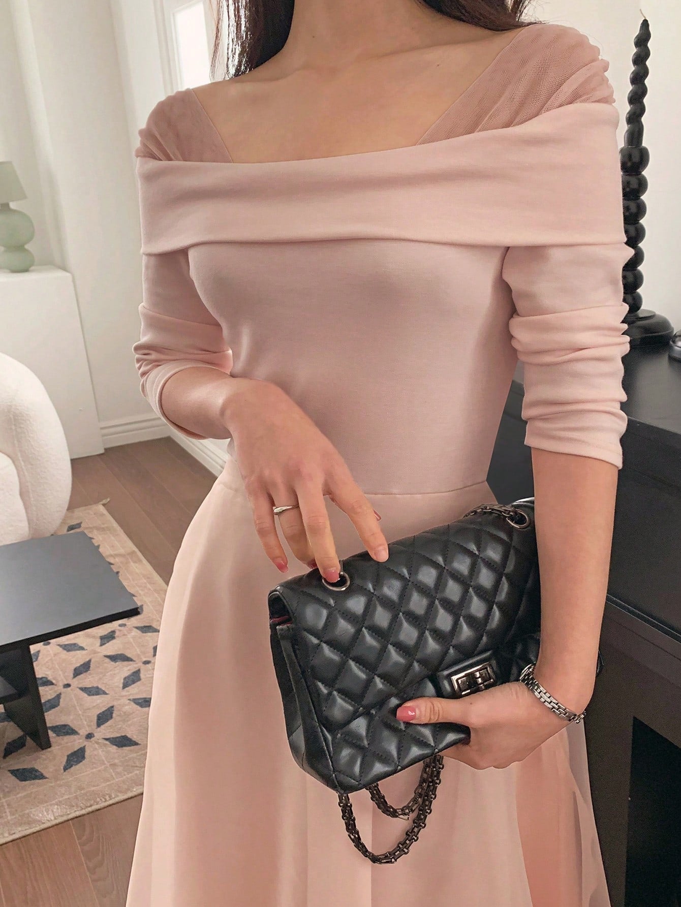 CM-DS828682 Women Elegant Seoul Style Off Shoulder Half Sleeve Mid-Length Flared Dress - Pink