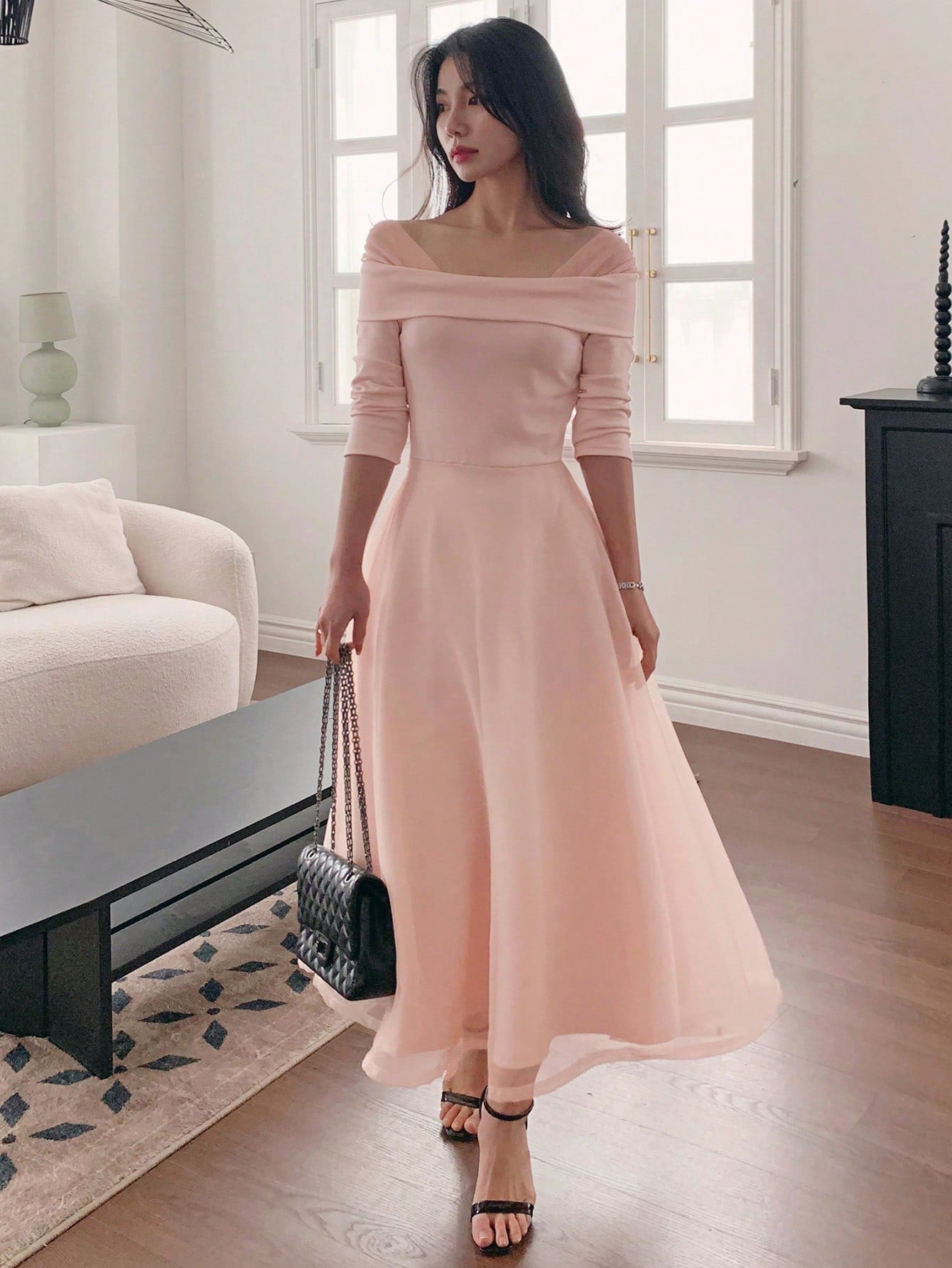 CM-DS828682 Women Elegant Seoul Style Off Shoulder Half Sleeve Mid-Length Flared Dress - Pink
