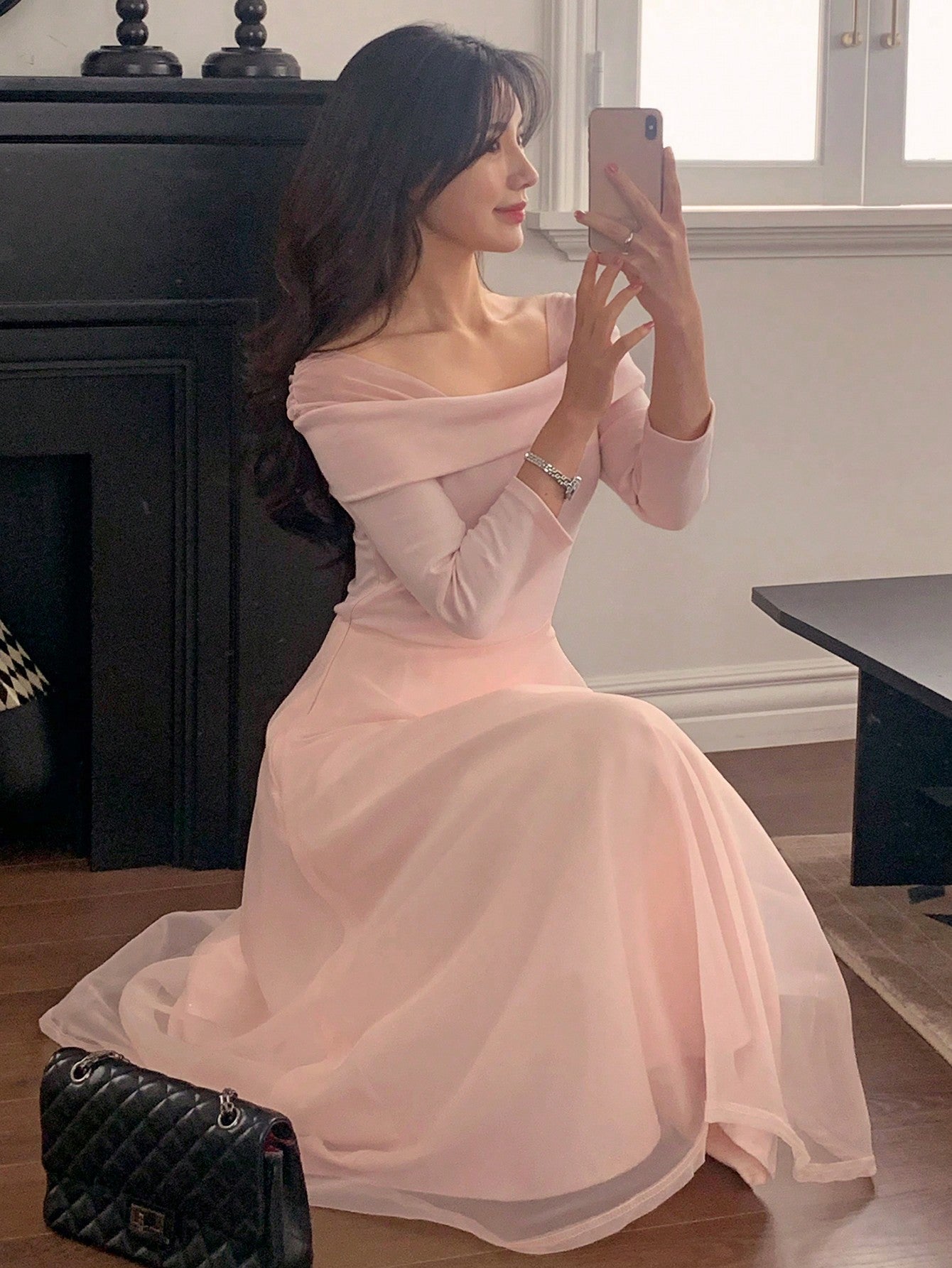 CM-DS828682 Women Elegant Seoul Style Off Shoulder Half Sleeve Mid-Length Flared Dress - Pink