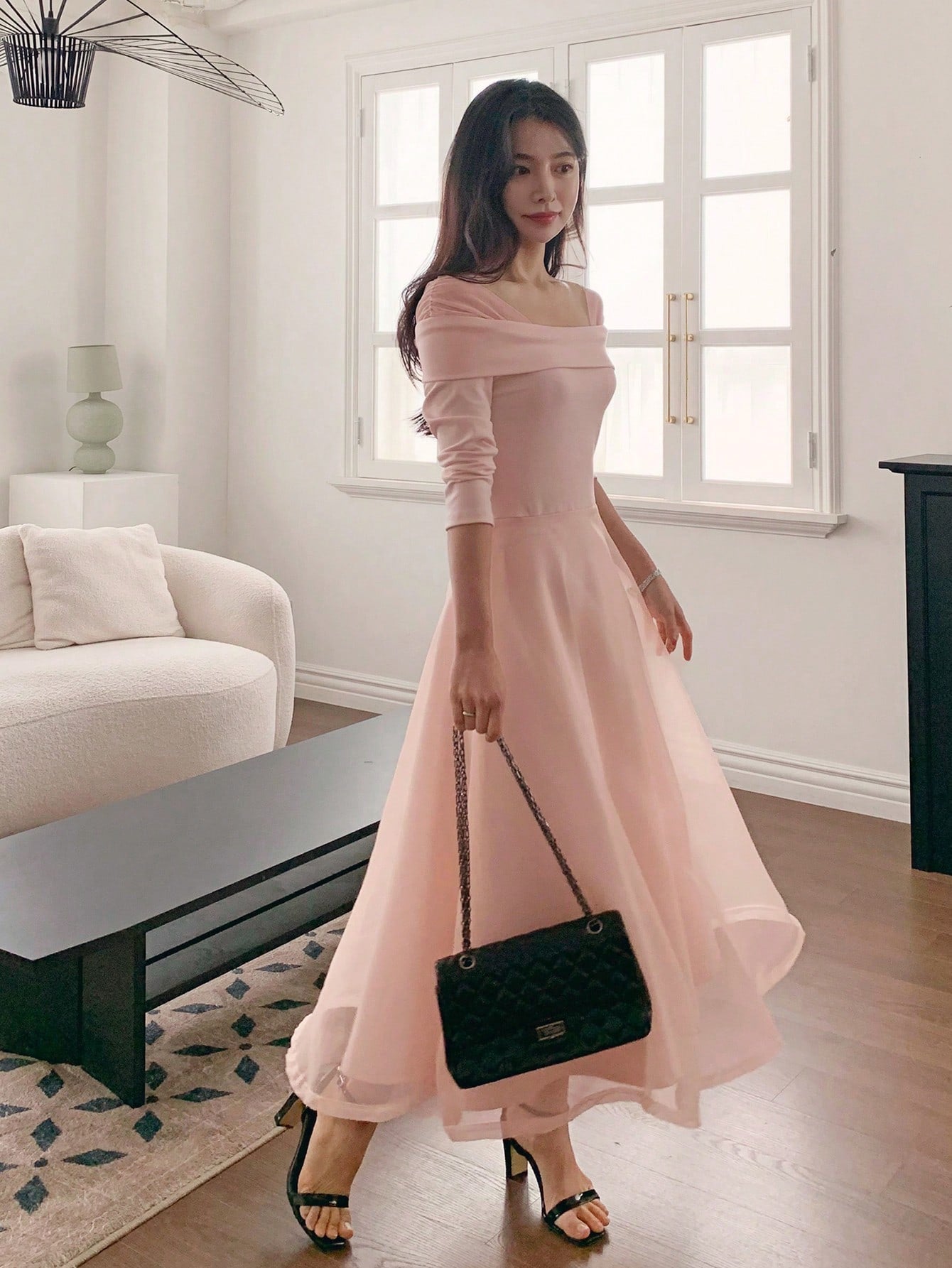 CM-DS828682 Women Elegant Seoul Style Off Shoulder Half Sleeve Mid-Length Flared Dress - Pink