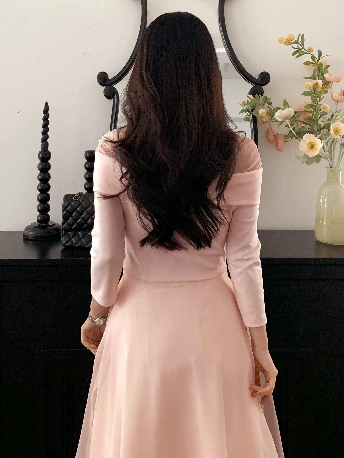 CM-DS828682 Women Elegant Seoul Style Off Shoulder Half Sleeve Mid-Length Flared Dress - Pink