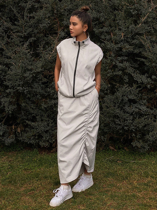 CM-SS953160 Women Casual Seoul Style Contrast Zip Sleeveless Jacket With Pleated Skirt - Set