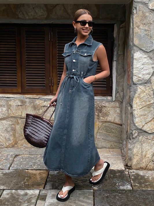 CM-DS993760 Women Casual Seoul Style Collar Neckline Sleeveless High Waist Denim Dress - Blue