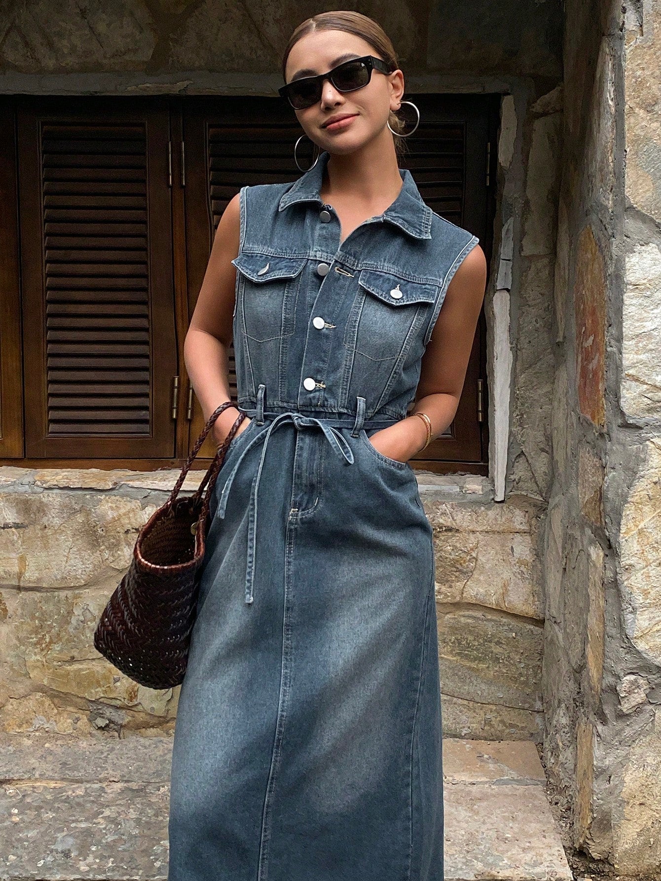 CM-DS993760 Women Casual Seoul Style Collar Neckline Sleeveless High Waist Denim Dress - Blue
