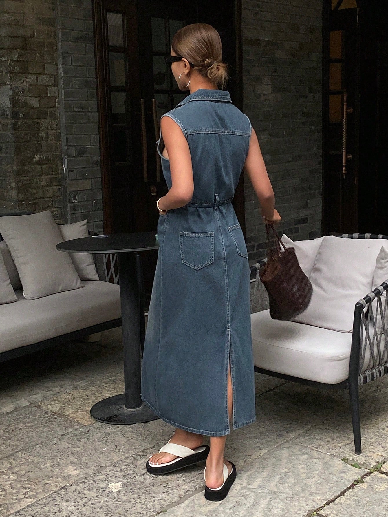 CM-DS993760 Women Casual Seoul Style Collar Neckline Sleeveless High Waist Denim Dress - Blue
