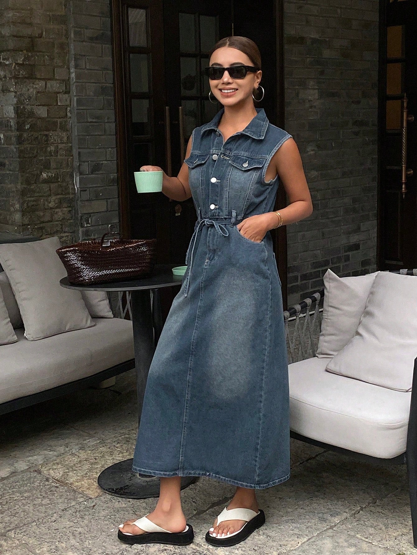 CM-DS993760 Women Casual Seoul Style Collar Neckline Sleeveless High Waist Denim Dress - Blue