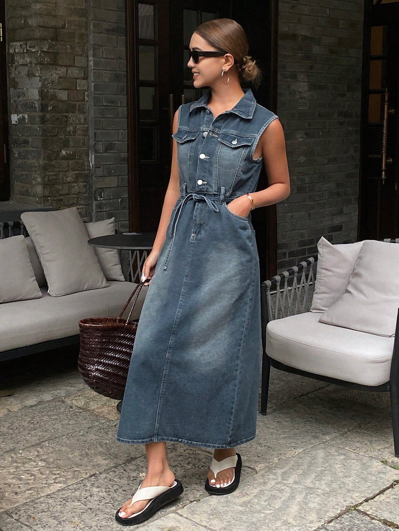 CM-DS993760 Women Casual Seoul Style Collar Neckline Sleeveless High Waist Denim Dress - Blue