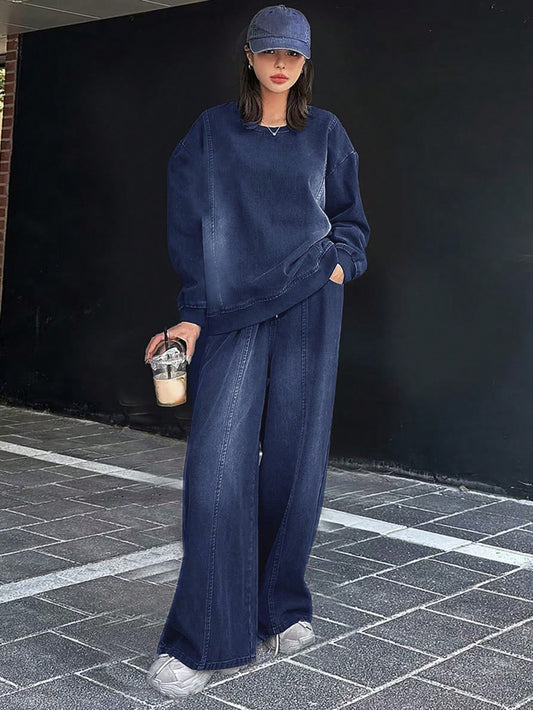 CM-SS447510 Women Casual Seoul Style Round Neck Drop Shoulder Loose Top With Wide Leg Jeans Denim - Set