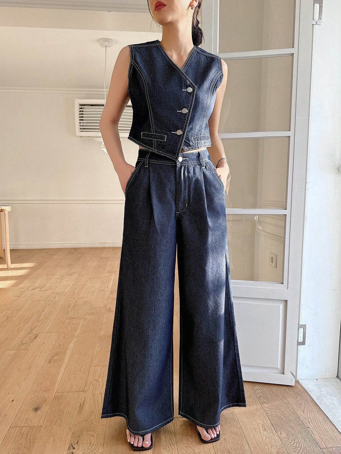 CM-SS121191 Women Casual Seoul Style Topstitching Detail Oblique Collar Vest With Wide Leg Pants - Set
