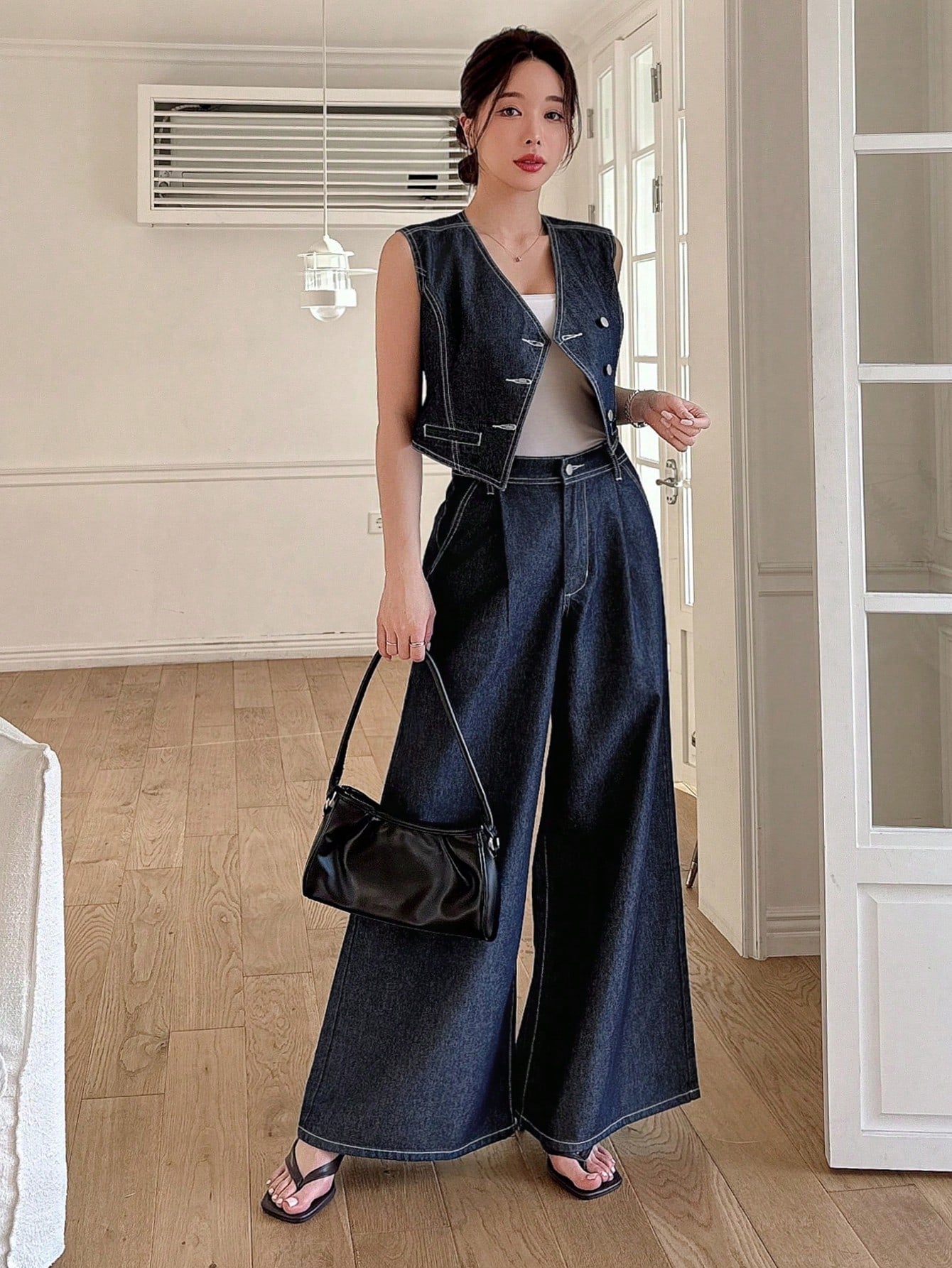CM-SS121191 Women Casual Seoul Style Topstitching Detail Oblique Collar Vest With Wide Leg Pants - Set