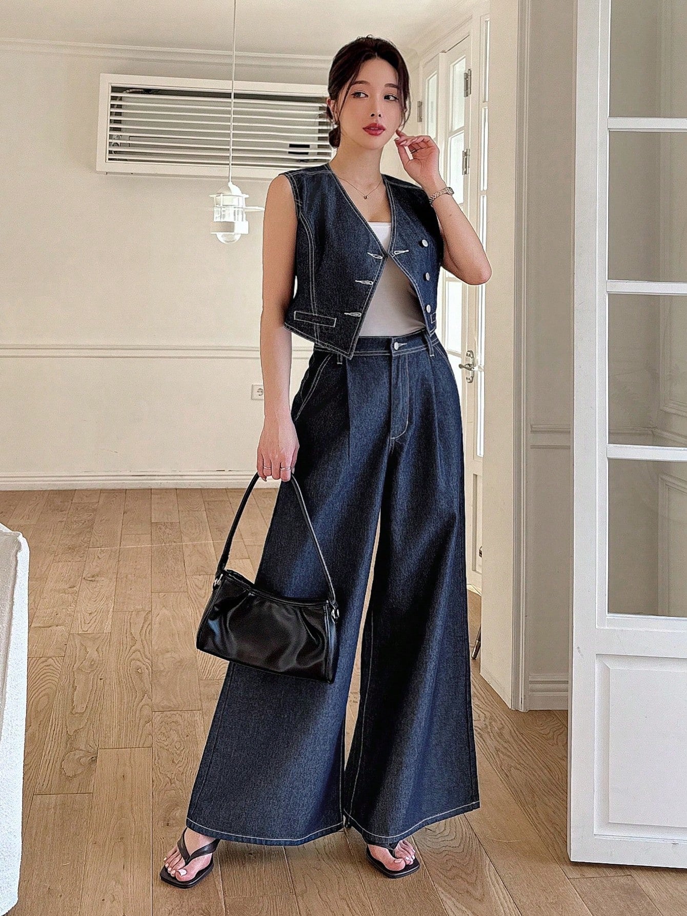 CM-SS121191 Women Casual Seoul Style Topstitching Detail Oblique Collar Vest With Wide Leg Pants - Set
