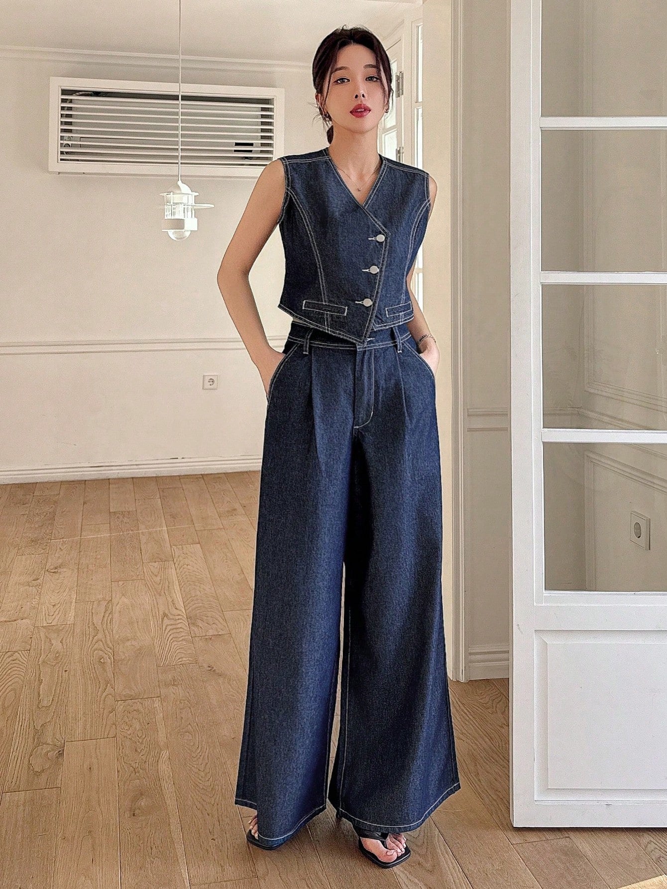 CM-SS121191 Women Casual Seoul Style Topstitching Detail Oblique Collar Vest With Wide Leg Pants - Set