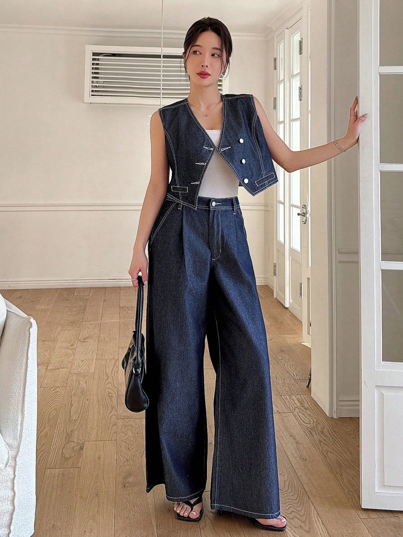 CM-SS121191 Women Casual Seoul Style Topstitching Detail Oblique Collar Vest With Wide Leg Pants - Set