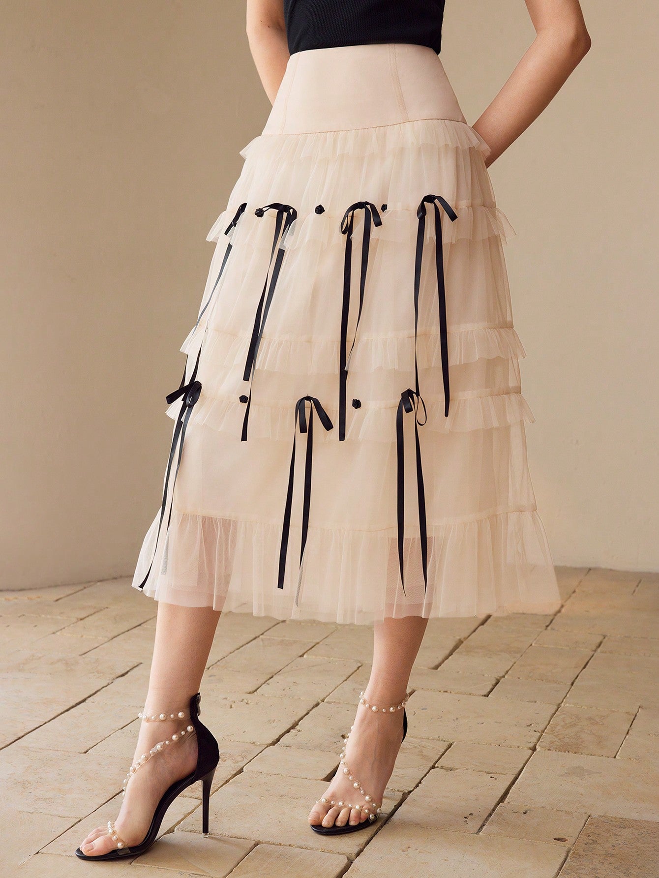CM-BS504244 Women Elegant Seoul Style Contrast Mesh Bow Decor Tiered Layer Skirt - Beige