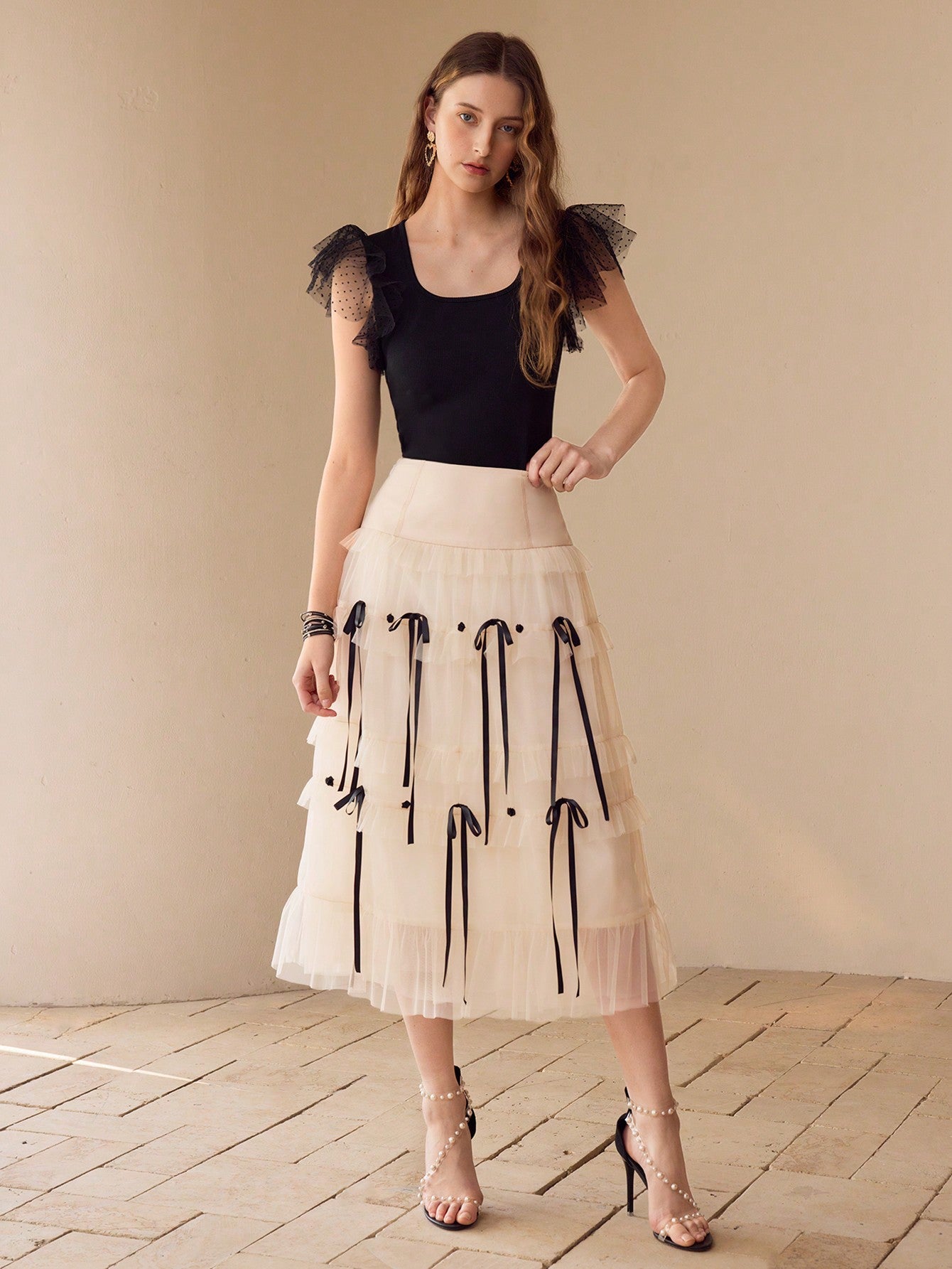 CM-BS504244 Women Elegant Seoul Style Contrast Mesh Bow Decor Tiered Layer Skirt - Beige
