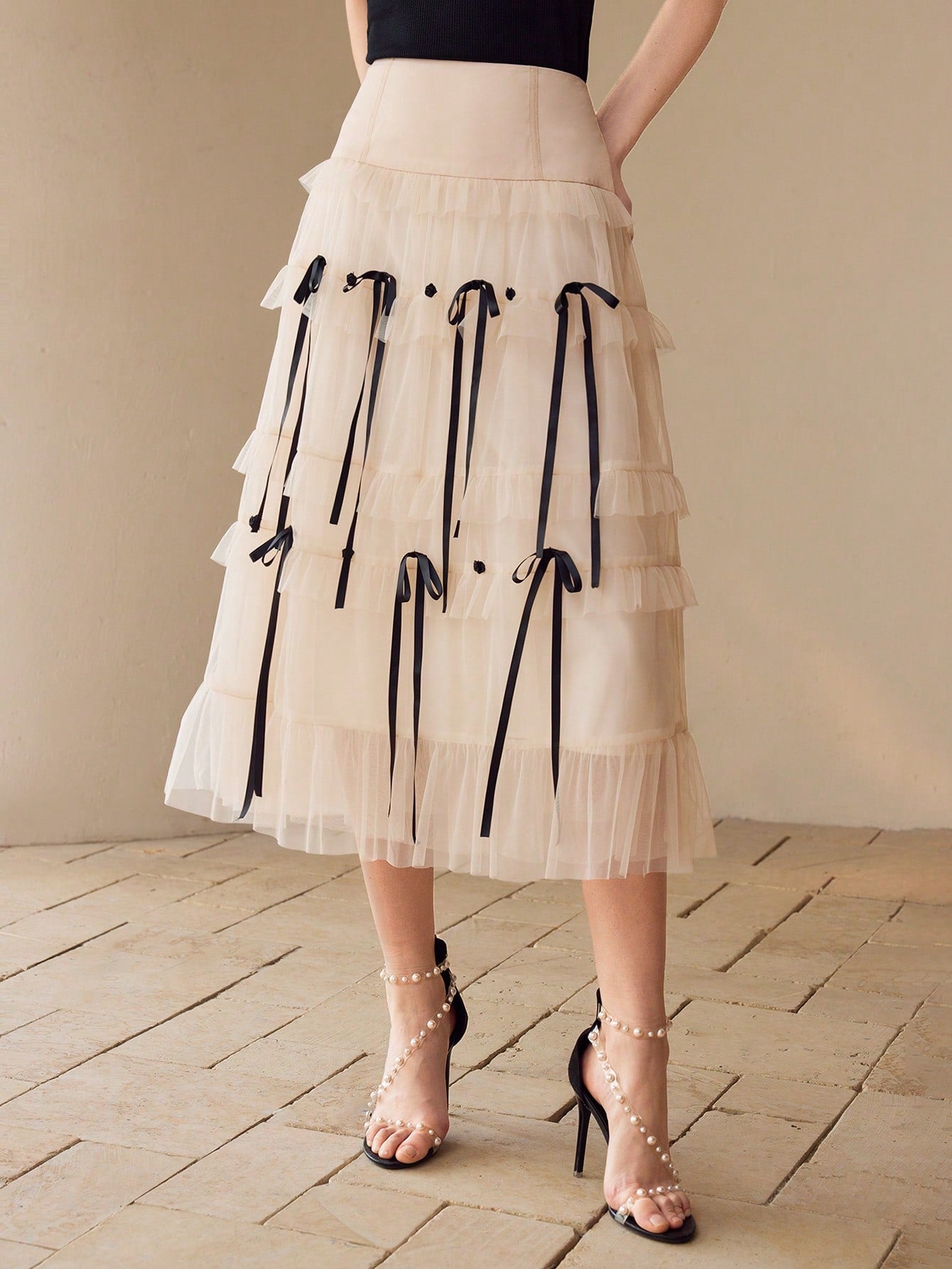 CM-BS504244 Women Elegant Seoul Style Contrast Mesh Bow Decor Tiered Layer Skirt - Beige