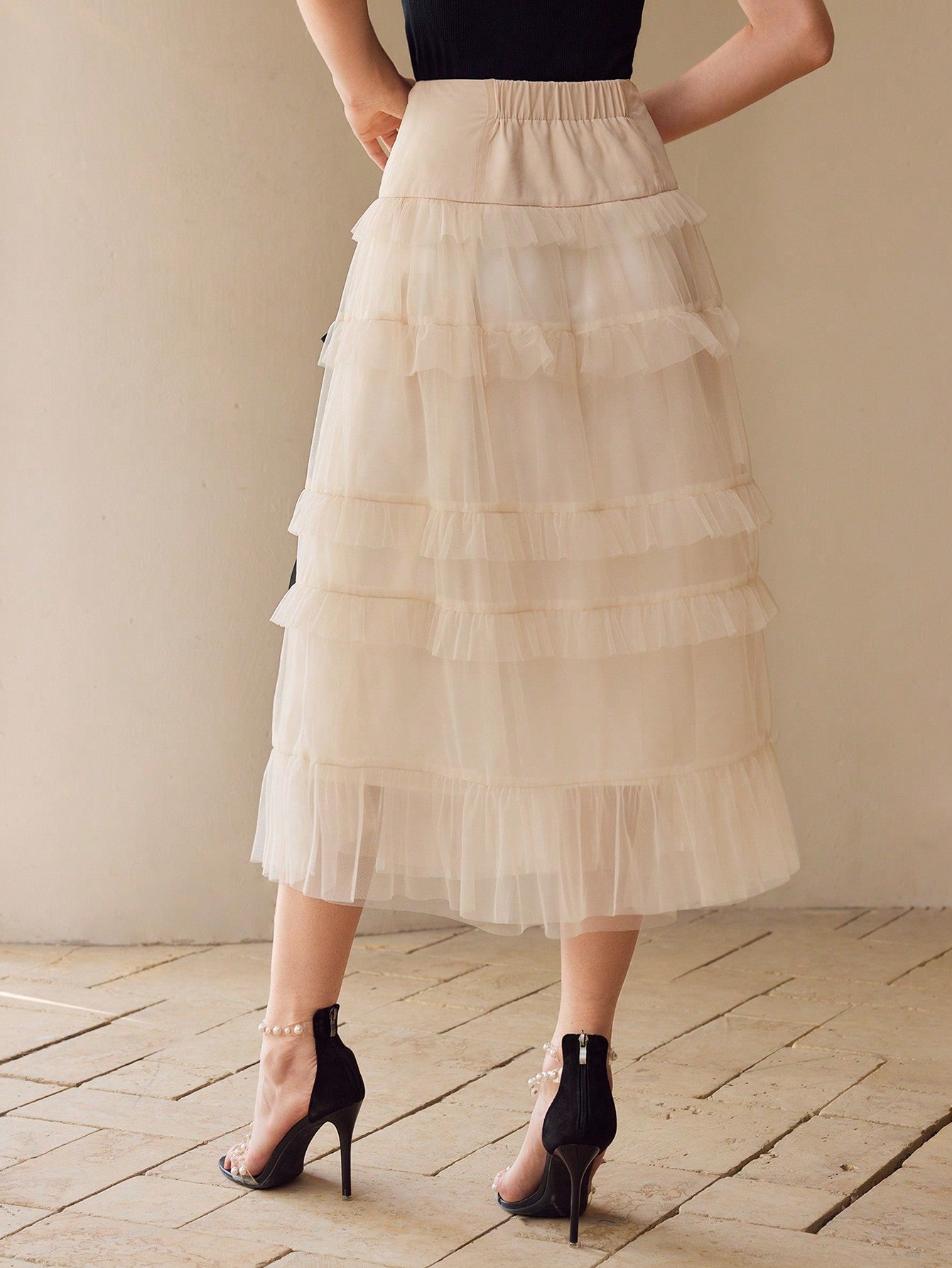 CM-BS504244 Women Elegant Seoul Style Contrast Mesh Bow Decor Tiered Layer Skirt - Beige