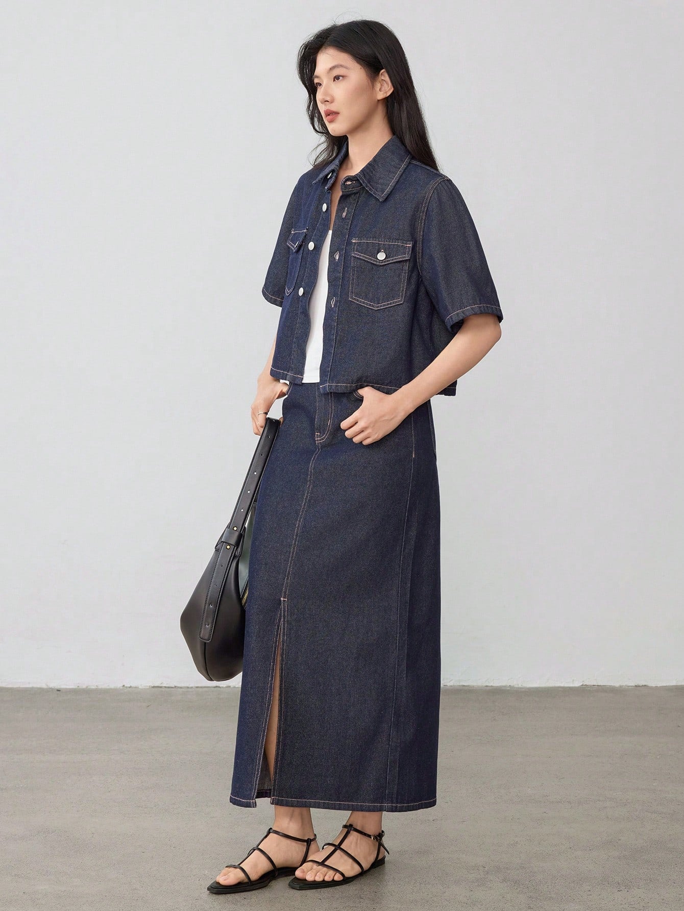 CM-SS286493 Women Casual Seoul Style Dark Wash Short Sleeve Top With Side Slit Skirt Denim - Set