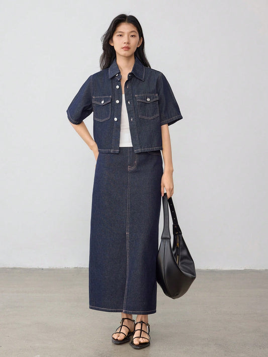 CM-SS286493 Women Casual Seoul Style Dark Wash Short Sleeve Top With Side Slit Skirt Denim - Set